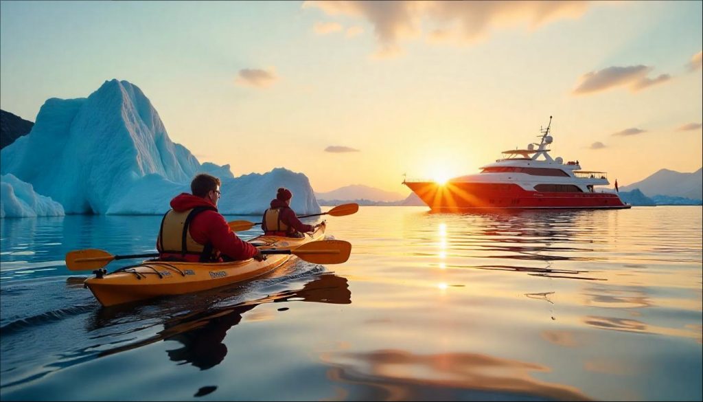 Kajakfahren mit der Familie in der Diskobucht mit einer Yacht und einem Wal, ein Abenteuer in den grönländischen Fjorden auf einer Yacht.